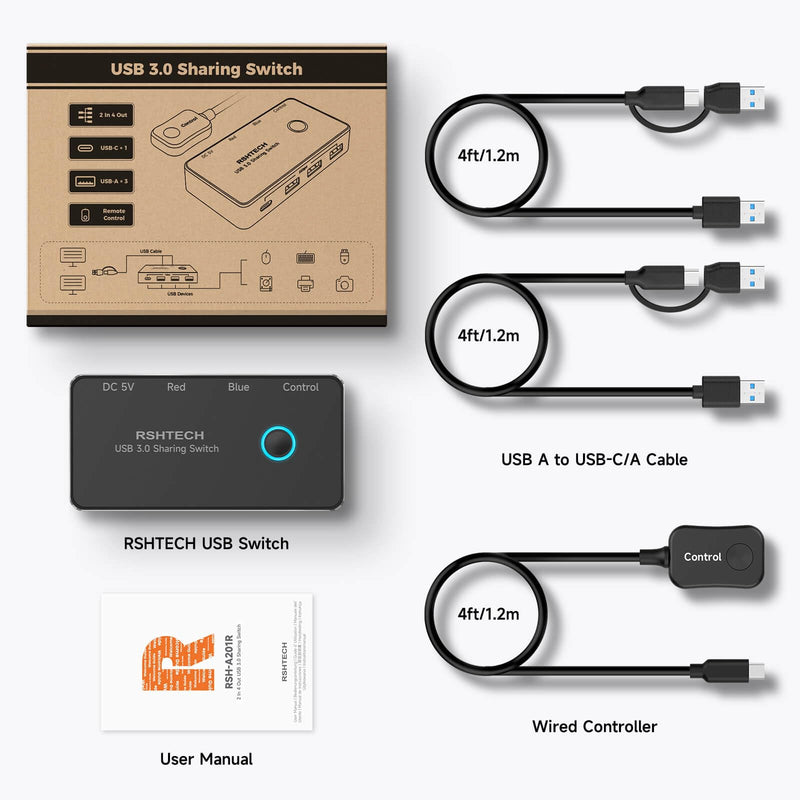 RSHTECH USB 3.0/USB C Switch 2 Computers Share 4 USB Devices, RSH-A201R | USB Switcher Selector with 4 USB 3.0 Data Ports(3 USB-A+1 USB-C), 2 Cables and Controller for Keyboard, Mouse and Printer Black 4 Ports USB Switch
