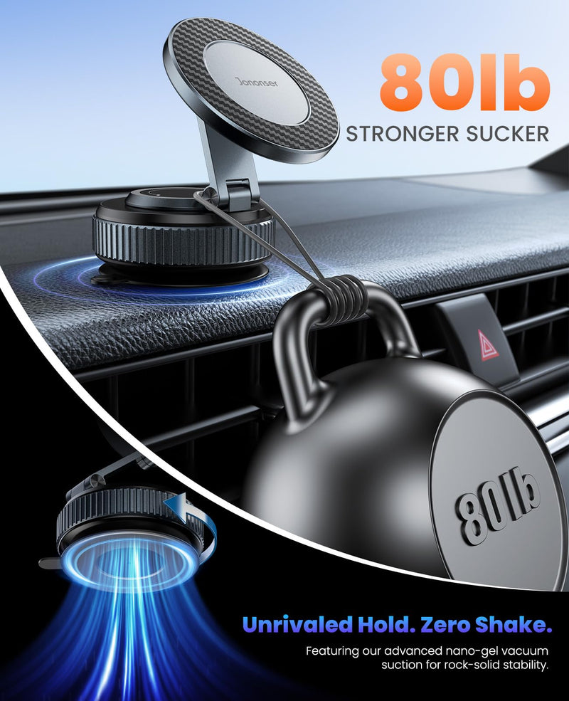 Jononser Suction Phone Mount for Car Dashboard/Windshield - 360°Adjustable Magnetic Phone Holder for Car, Foldable Car Phone Holder for iPhone 17/16/15/14/13/12 Series (Carbon Fiber & Aluminum Alloy) Black