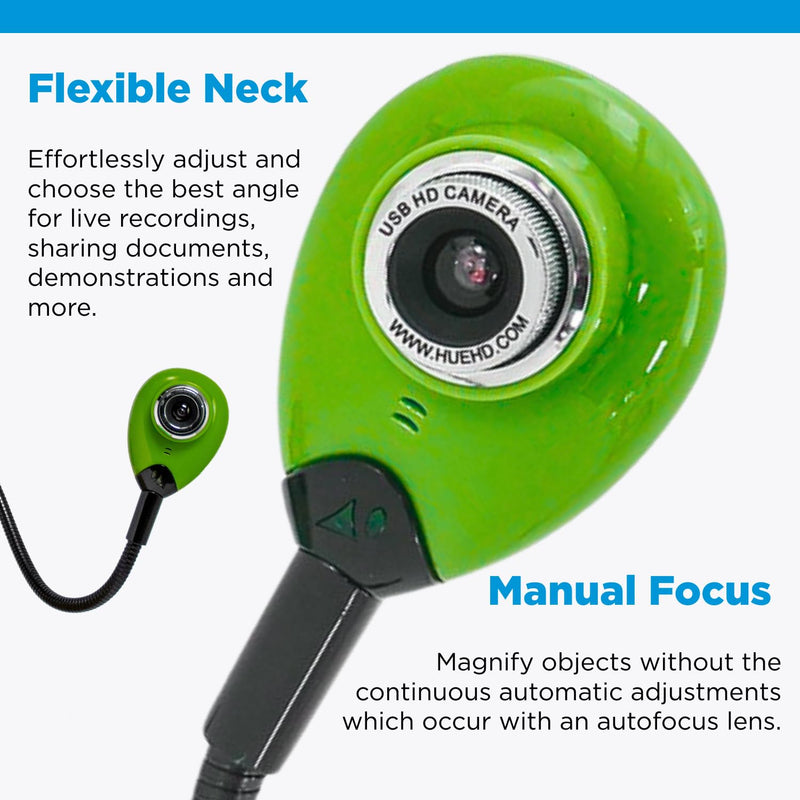 HUE HD Portable USB Camera for Video Conferencing or Classroom Use, Green | 720p Flexible Visualizer, Teaching/Streaming, Built-in Microphone, Carry Case, Windows/ChromeOS/MacOS/iPadOS 17+ Compatible Green Camera with Carry Case