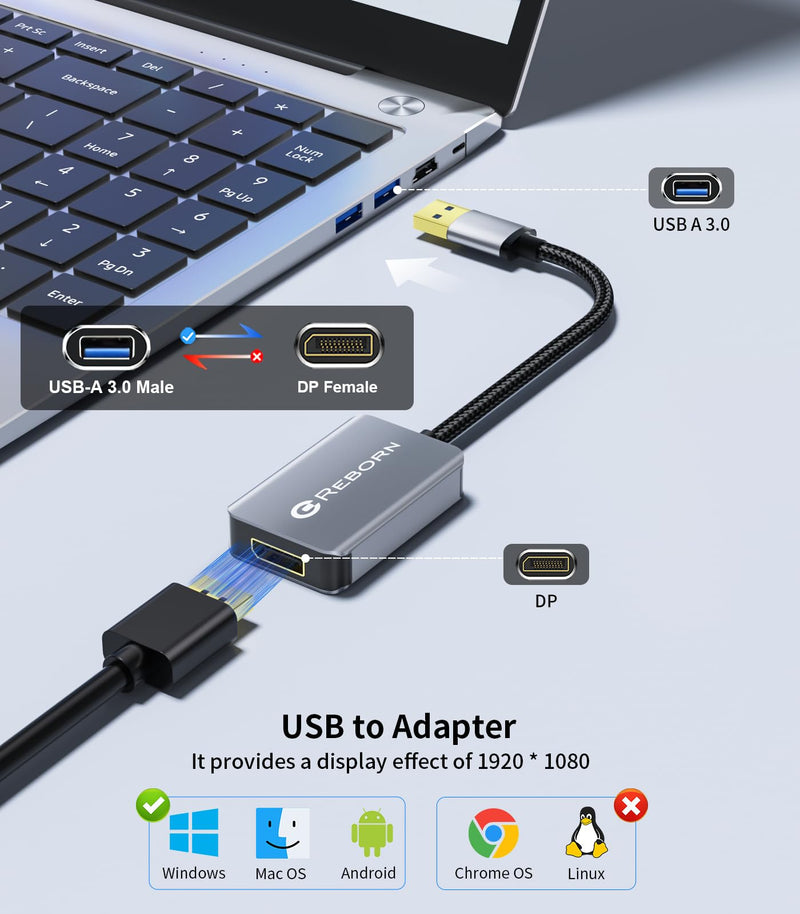 Reborn USB 3.0 to DisplayPort Adapter, 1080P@60Hz for Laptop | USB 3.0 Male to DisplayPort Female Converter Suitable for MacOS, Windows 7/8/10/11 - Driver installation is required