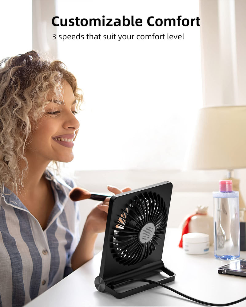 Koonie USB Fan, Strong Wind Ultra Quiet Small Desk Fan 220° Tilt Folding 3 Speeds Adjustable USB-C Corded Powered Personal Fan for Home Office Desktop Black Black without Battery