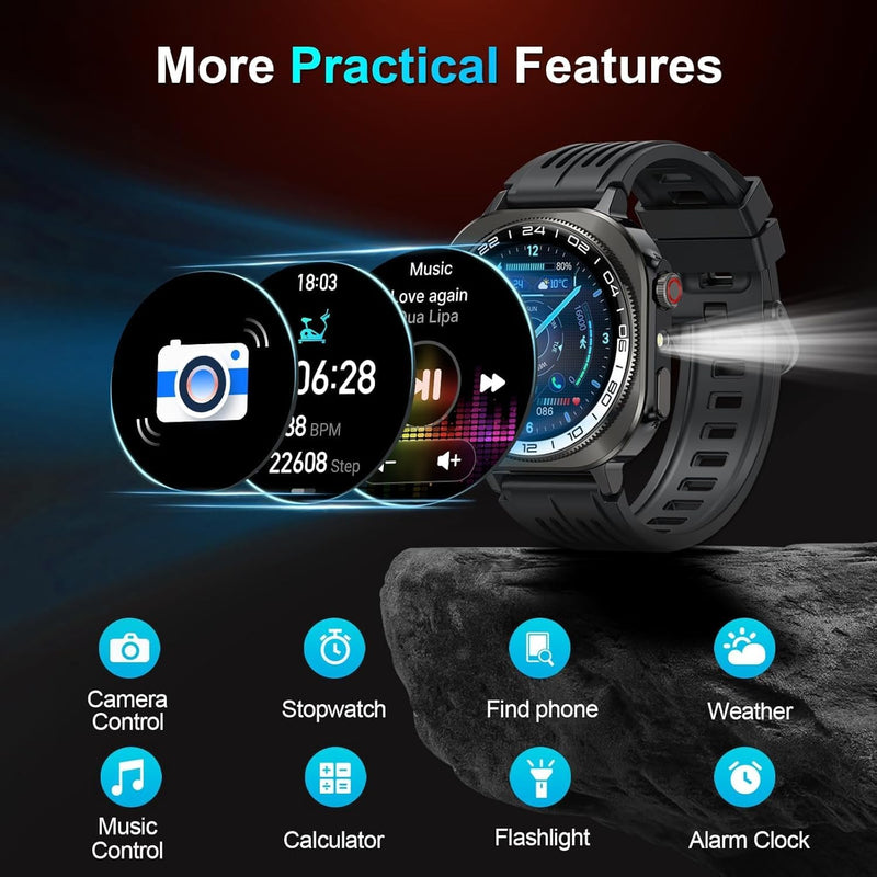 Smart Watch,2026 AMOLED 1.43",Bluetooth 5.4 Calling Smartwatch,1000mAh Battery,96 Days military watches,130+ Sports,Flashlight,Heart Rate,Sleep Monitor,IP68 Waterproof Fitness Tracker,for Android iOS A-Black
