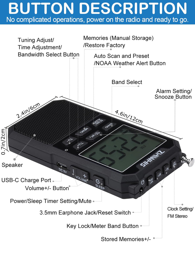 [AUSTRALIA] - ZHIWHIS Portable Radio, AM FM Stereo SW NOAA Weather VHF Receiver with Alerts, Rechargeable DSP Pocket Radios with 9.85Ft Wire Antenna, 900mAh/396Presets/Alarm Clock/Sleep Timer for Walking ZWS-878 