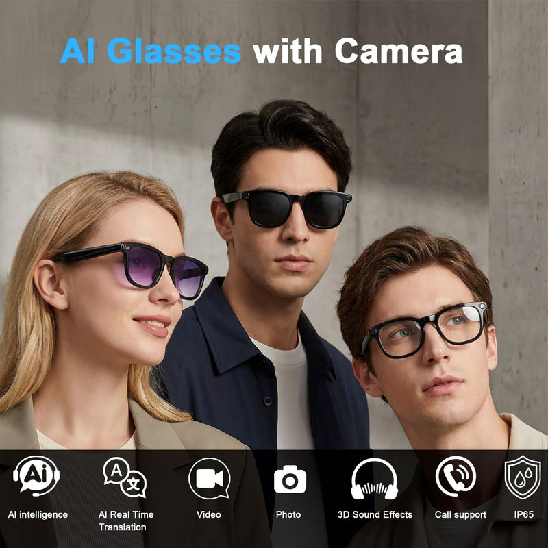 AI Smart Glasses with Camera, 8MP HD Bluetooth Camera Glasses for Women Men | 1080P Video Recording Sunglasses, Real Time Translation, Voice Assistant, Open Earbuds, Travel, Work, Vlog, (3 lenses) Piano black