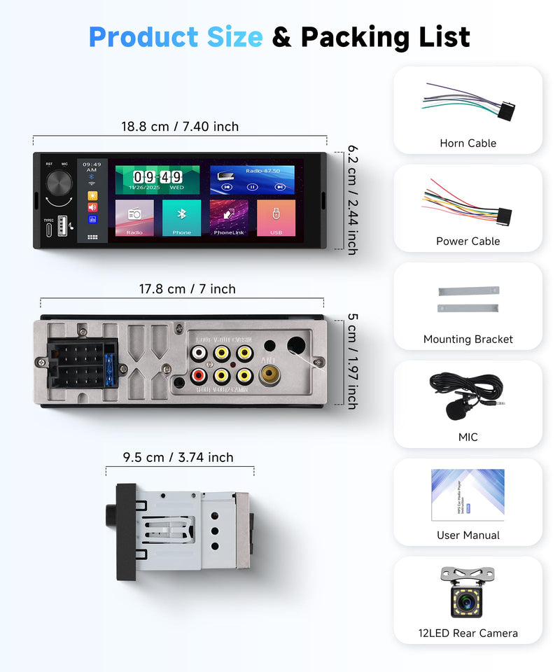 Single Din Car Stereo with 6.36 Inch Touch Screen, Wireless CarPlay & Android Auto, Mirror Link, Online Video, Bluetooth, FM Radio, 16-Band EQ, Backup Camera Included, SWC, USB/Type-C, Physical Knobs