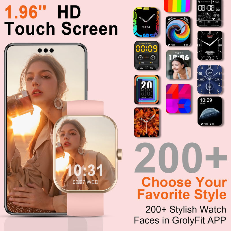 Smart Watch, 1.96" Smartwatch for Women Men (Answer/Make Call), Fitness Tracker with 110+ Sport Modes, IP68 Waterproof, Heart Rate/Sleep/Spo2 Monitor, Pedometer, Activity Tracker for Android iOS Rose