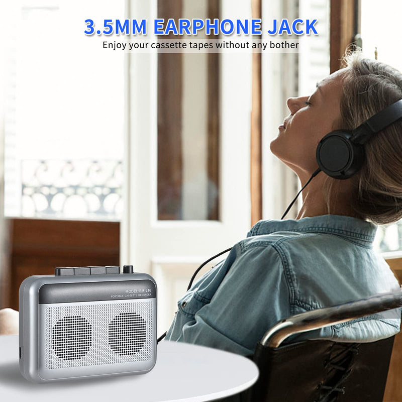 Portable Cassette Player Recorder with Bluetooth Transmitter, Walkman Cassette Tape Player with Headphone Jack, Build-in Speaker, Microphone Jack, Powered by AC Adapter or AA Battery Sliver