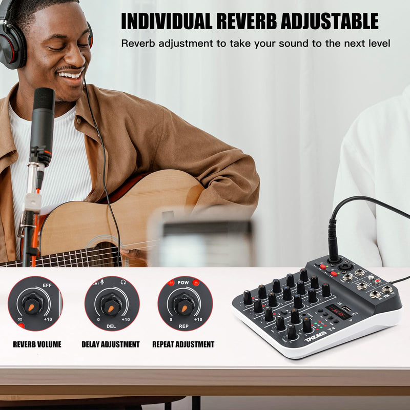 [AUSTRALIA] - Professional Audio Mixer, TKLBLS 4-Channel Unpowered Mixing Console with USB/Bluetooth Playback, 48V Phantom Power, REC Output, MP3 Player, Digital Delay Effects, for Streaming, Studio, Karaoke T4 