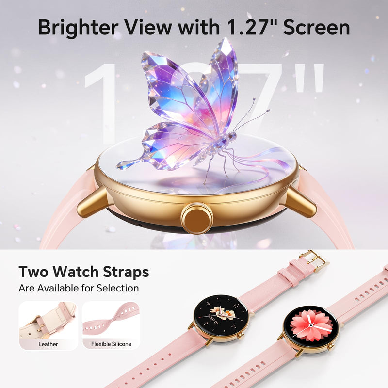 Gydom Smart Watch for Women, 40mm HD Fitness Tracker, Answer & Make Call | for iPhone/Android/Samsung, Heart Rate/SpO2/Stress/Sleep Monitor, 7 Day Battery, 110+ Sports Modes, 2 Band, IP68, Pink 1.27"
