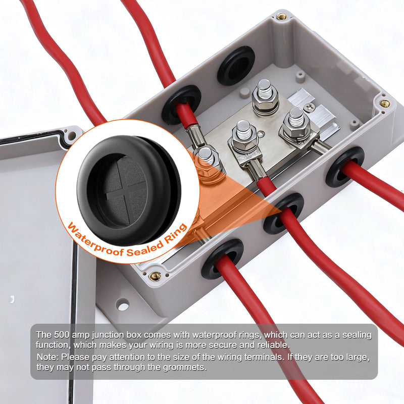 12-48V Heavy Duty 500A Bus Bar Tin-Plated Copper Block 6xM8(5/16") Studs Waterproof Belt Protective Coil Shell Battery Buss Bars for Automotive Boat RV Solar System Marine car Audio Wiring