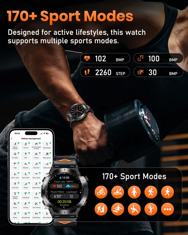 GPS Military Smart Watch for Men with Flashlight, 1.43'' AMOLED Smartwatch with Bluetooth Calling, 730mAh Battery, IP68 Waterproof, 170+ Sports Modes, Compatible with Android & iPhone
