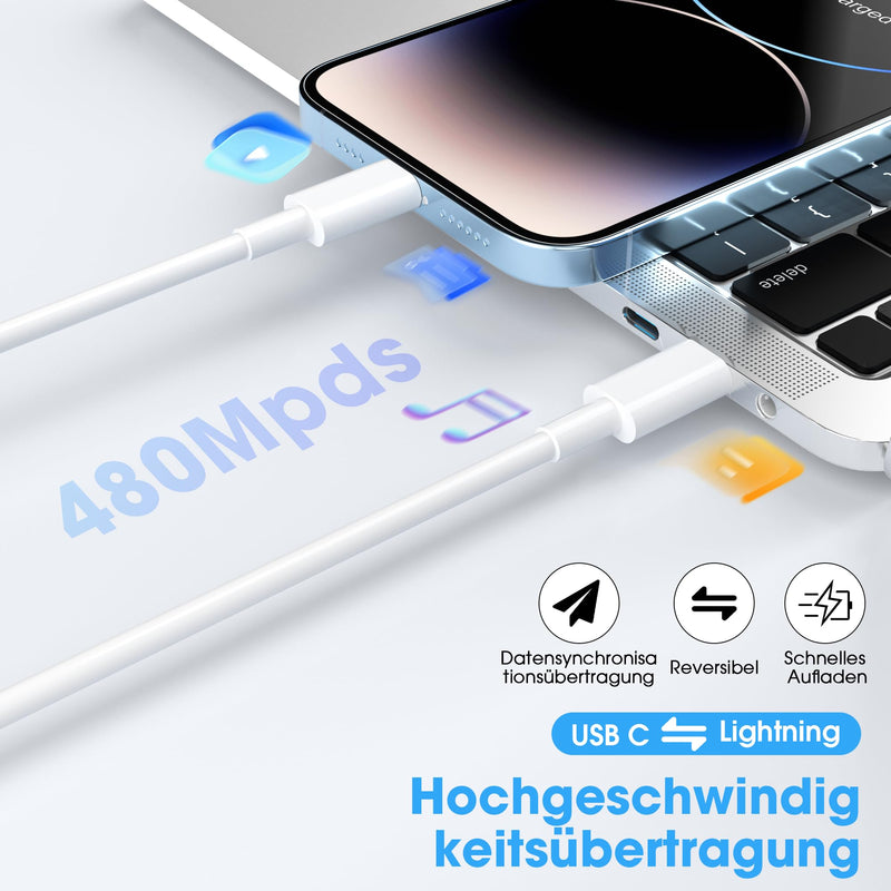 Lightning Cable USB C 2 Pack 1 M + 2 M for iPhone Charging Cable MFi Certified Original for Apple Fast Charging Cable for iPhone 14/13/12/11/Pro/Pro Max/Mini/XR/XS/XS Max/X/8/7/6/6s/Plus/iPad White