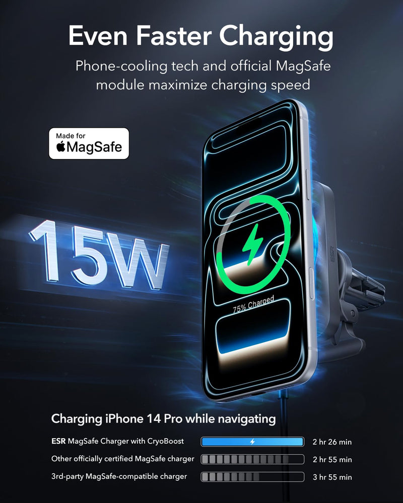 ESR for 15W MagSafe Car Mount Charger w/CryoBoost, Made for Apple-Certified | Magnetic Wireless Car Phone Charging for iPhone 17/16/15/14/13/12, S26/S25, Fast Charging, Cooling