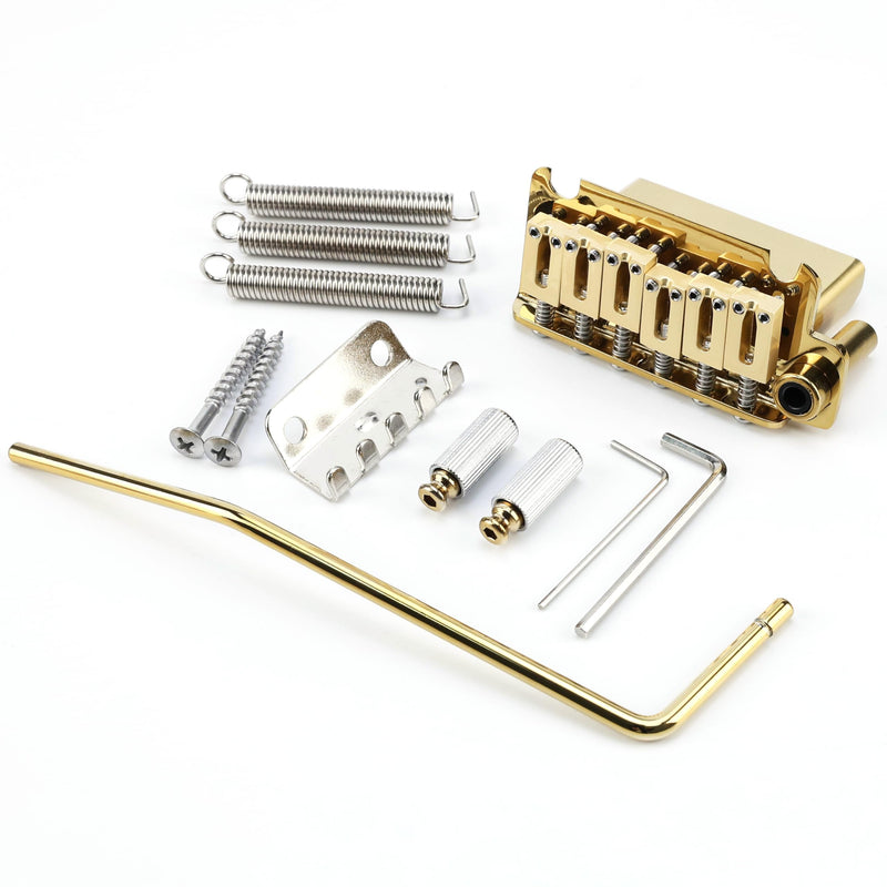 [AUSTRALIA] - 10.5mm Electric Guitar Bridge with Zinc Alloy Saddles Brass Block 2 Point Tremolo Bridge Compatible with Strat St 6 String Electric Guitar Replacement Parts（Glossy Gold） 
