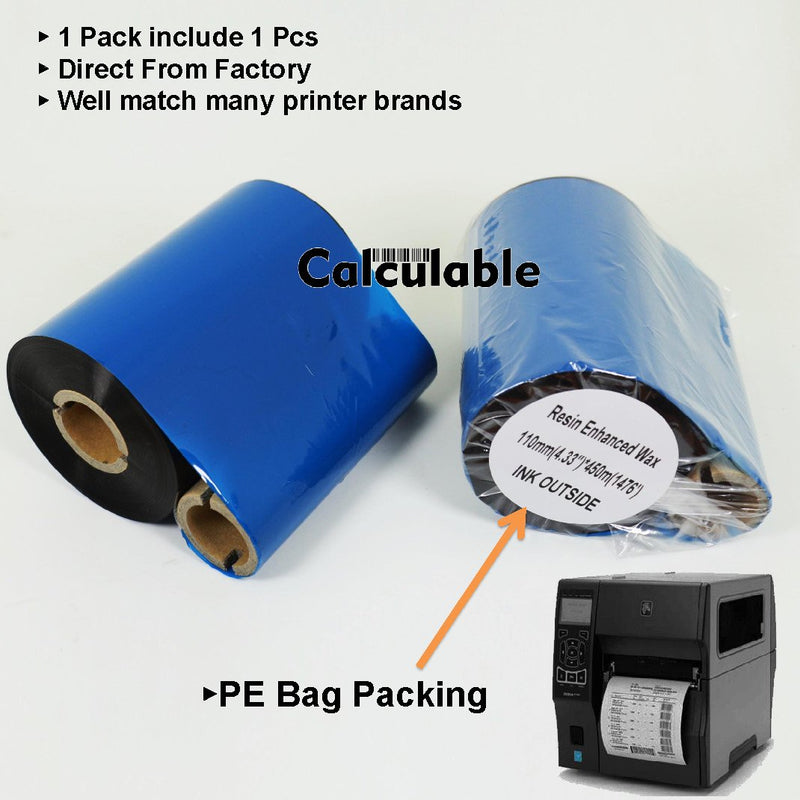 4.33" x1476' (110mmx450m) Thermal Transfer Ribbon Ink Outside Wax Ribbons Resin Enhanced Wax for Zebra GK420D SM4 ZT410 GC420t GK420t GX420t GX430t Tec Datamax Intermec Citizen Printer Resin Enhanced Wax 4.33"x1476'