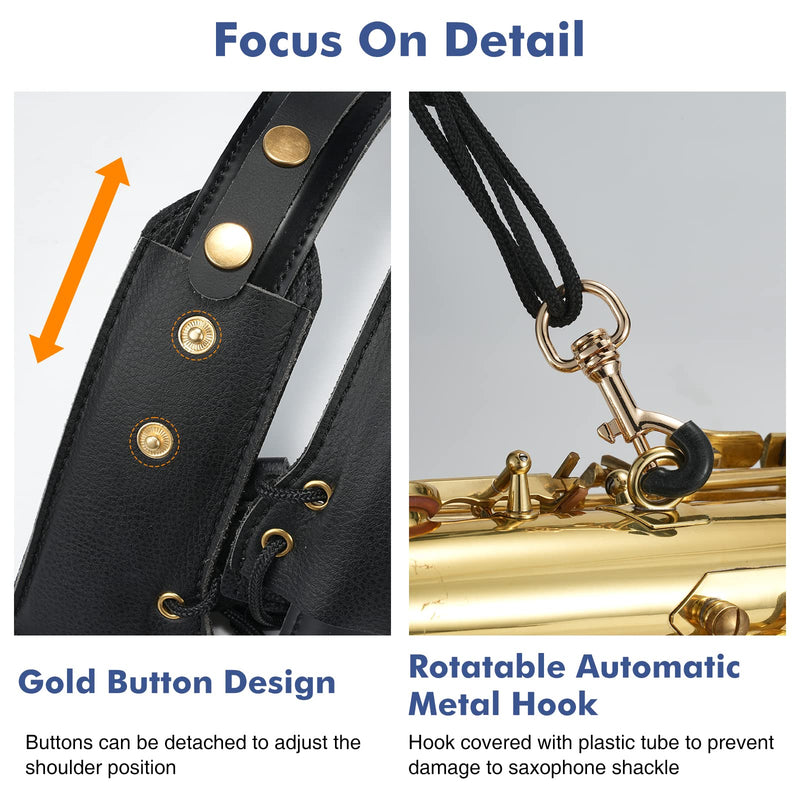 Saxophone Shoulder Strap, Double Shoulder Leather Adjustable Sax Strap with Metal Beam & Sturdy Adjuster, Reduce Neck Stress, Good Comfort, for Alto/Tenor/Baritone/Soprano Saxophone