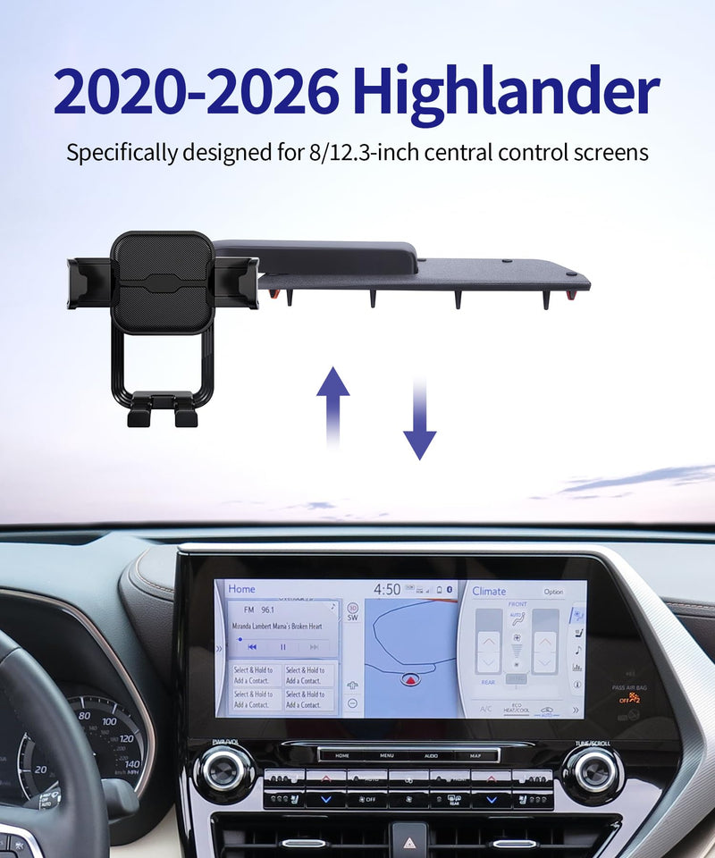 Auto Clamp Car Phone Holder for Toyota Highlander 2020-2026, 8/12.3" Screen | Universal Mechanical Clip Cell Phone Mount Accessories Fit iPhone Android,Automobile Cradle GPS Dashboard Navigation Bracket Dashboard-mounted 8/12.3-inch for 20-26 Highlander
