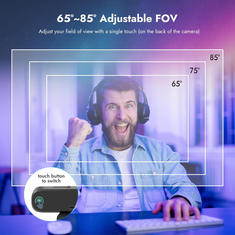 2K Streaming Camera, RC28 ProMiCam 1080p 60fps Webcam with Gaming Mic, Omnidirectional&Cardioid Pattern,Adjustable FOV, TOF Autofocus, Landscape/Portrait Mode, Web cam for Streaming/Gaming