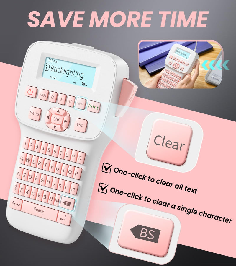 [AUSTRALIA] - Rechargeable Label Maker, Pink Label Maker with Keyboard, Handheld Label Maker Machine with Bluetooth Backlit Large Display LM1600, Portable Labeler for Home & Office Organization School 