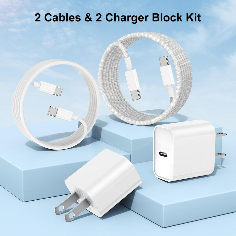 for iPhone 15 Charger Fast Charging, 2Pack 6FT USB C to USB C Nylon Braided Cable with 20W Type C Rapid Charging Block for iPhone 15 Plus/15 Pro Max, iPad Pro 12.9/11 inch/4/3th/Air/Mini White 2Pack 6Feet