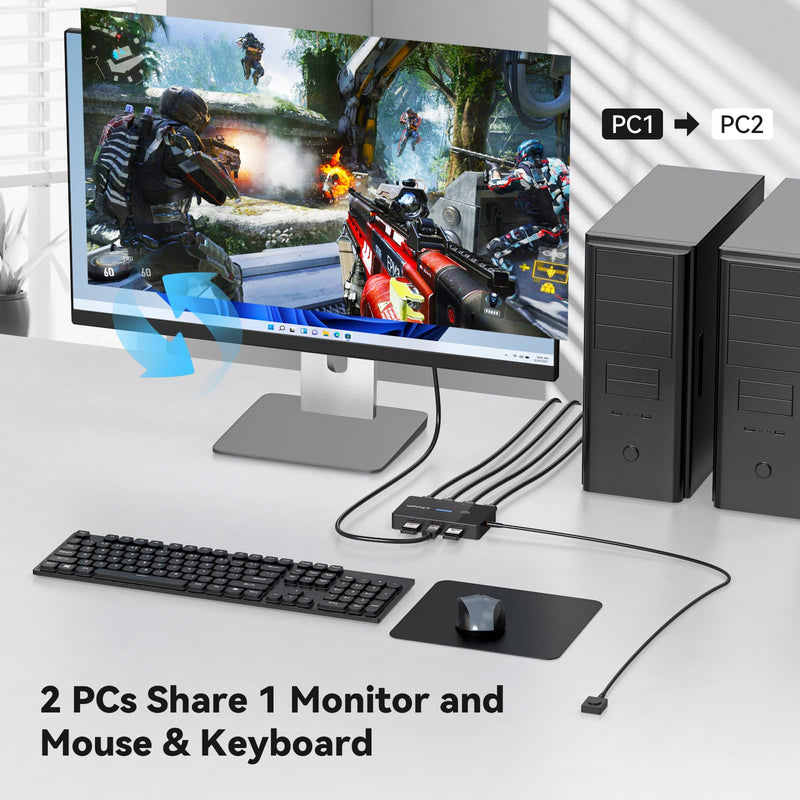 8K@60Hz HDMI KVM Switch 1 Monitors 2 Computers | KVM Switches 2 Port for 2 Computers Share Keyboard Mouse and one HD Monitor, with Desktop Controller and 2 USB Cables