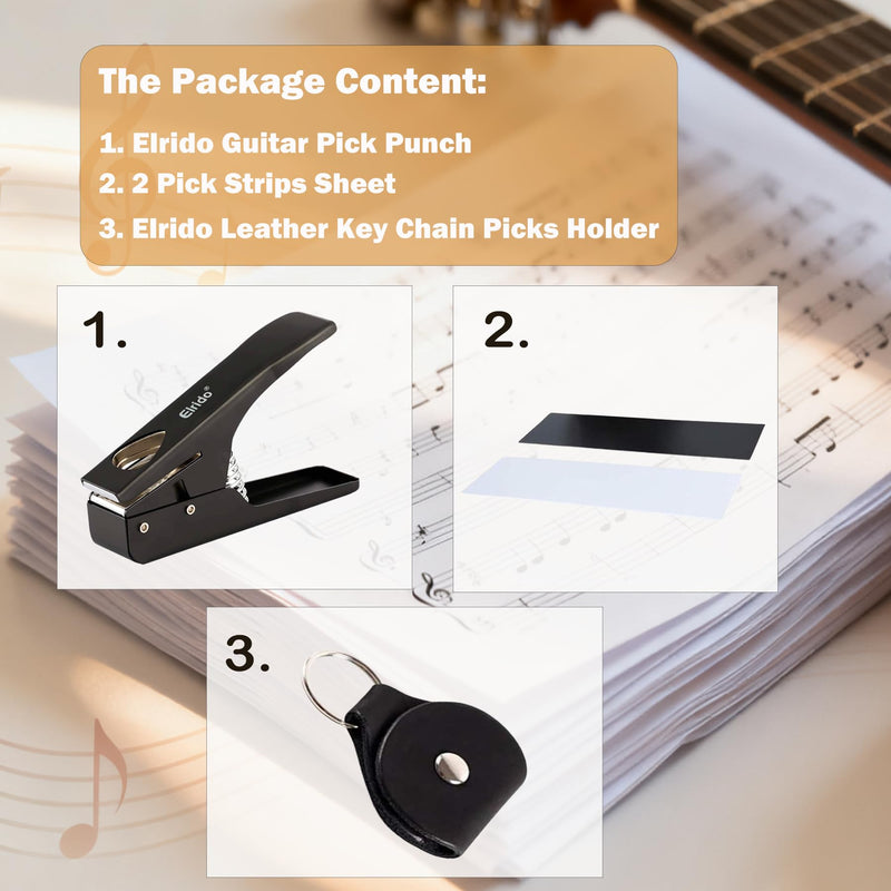 Elrido Guitar Pick Punch Tool Kit - DIY Custom Guitar Picks Maker with Leather Keychain Picks Holder & 2 Pick Strips, Create Endless Unique Picks - Make Picks, Gift for Guitarists & Musicians (Black) Black