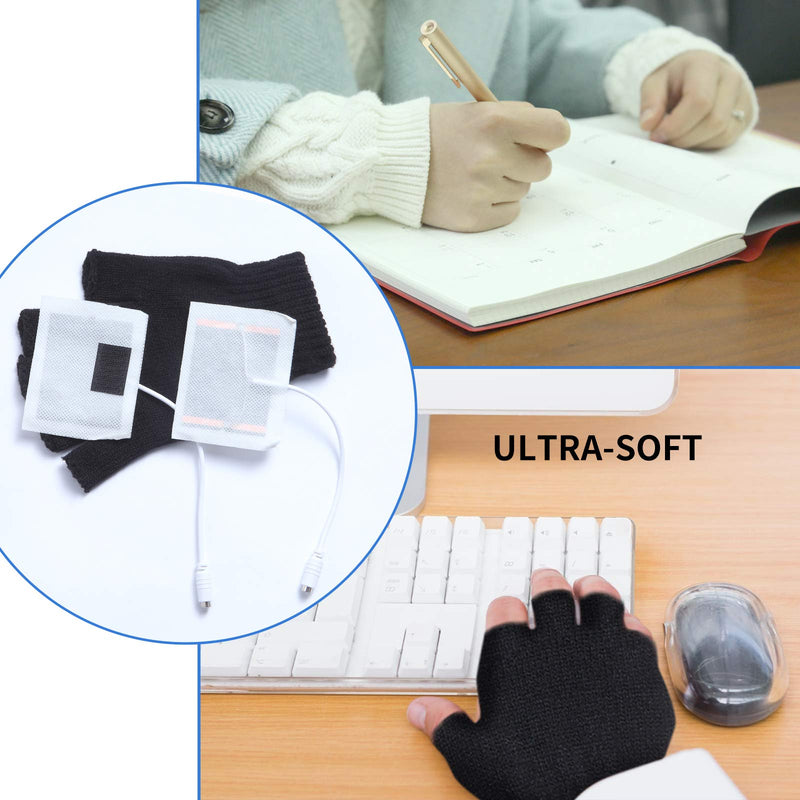 2 Pairs USB Heated Gloves for Men and Women, USB 2.0 Powered Stripes Heating Pattern Knitting Wool Heating Mittens Hands Warmer Fingerless Washable Design Winter Gift (Black & Gray) Black+grey