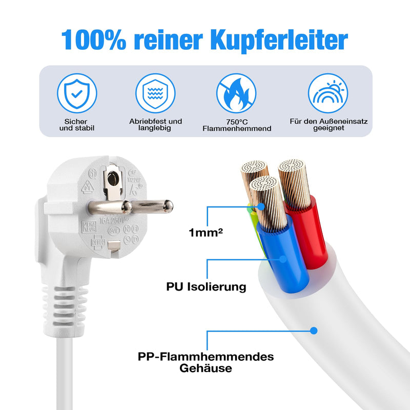 Schuko Extension Cable Spiral Cable 2 m Protective Contact Spiral Extension 0.6 m to 2 m Stretchy Spiral Cable Plug Extension Short with Coupling 230 V/16 A for Home, Office, Outdoor, White Schuko extension cable, coiled cable, white