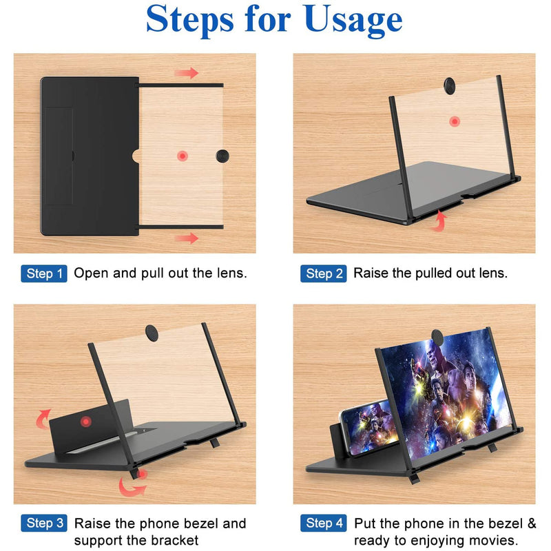 18" Screen Magnifier for Cell Phone – 3D HD Magnifing Screen Enlarger Projector for Movies Videos and Gaming – Foldable Phone Stand Holder with Screen Amplifier–Compatible with All Smartphones Black-18''