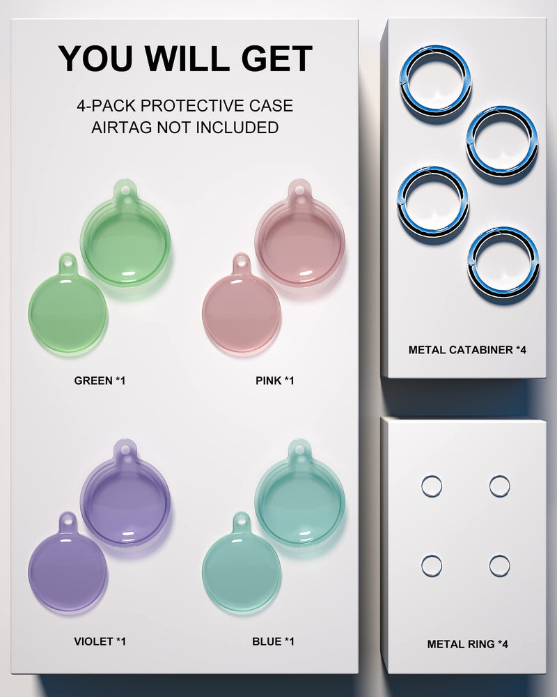 4 Pack Airtag Keychain Waterproof, Air Tag Holder for Apple Airtag GPS Tracker, Soft Full-Body Shockproof Apple Tag Case for Dog Cat Collar, Luggage, Keys (Purple, Green, Blue, Pink) Purple, Green, Blue, Pink