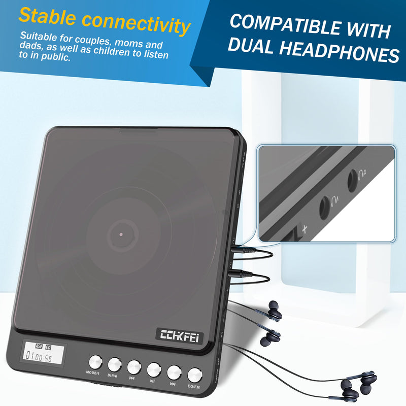 [AUSTRALIA] - Portable CD Player with Bluetooth and FM Transmitter, 2000mAh Rechargeable Bluetooth CD Players with Speakers Dual Headphones Jack Anti-Skip cd Player for Car Home Adults Kids 766-Bluetooth Black 