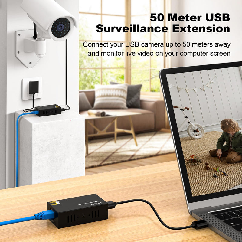 USB Extender Over Cat6/7 165ft – for Keyboard/Mouse | 4 USB 2.0 ports. Plug & play, no driver needed. POC for remote device. Extend keyboard/mouse over Ethernet.