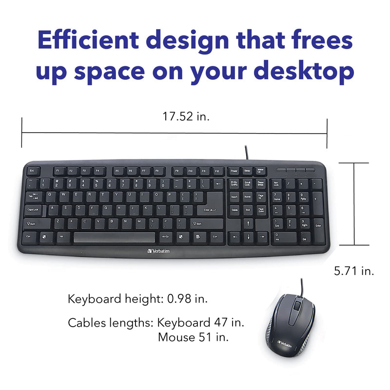 Verbatim Slimline Wired Keyboard and Mouse Combo, Optical Wired Mouse, Full-Size Keyboard, USB Plug-and-Play, Compatible with PC, Laptop - Frustration Free Packaging Black Wired Keyboard & Mouse