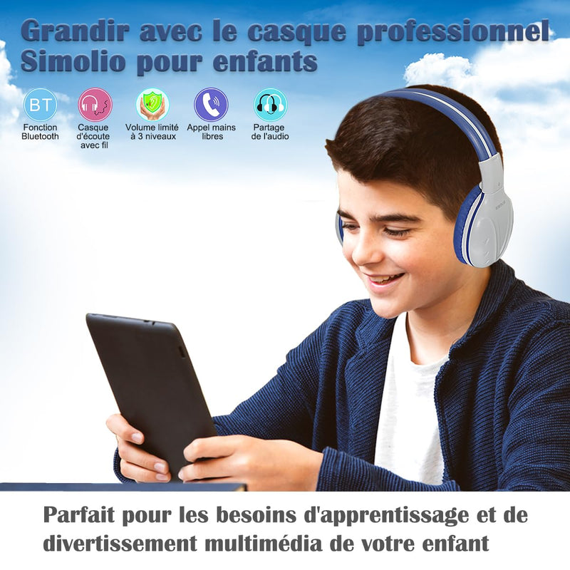SIMOLIO Kids Bluetooth Headphones Boys with Microphone, 75dB/85dB/94dB Volume Limited Kids Headphones Wireless, Adjustable Foldable Over-Ear Headset for Children School Travel Tablet Airplane Grey