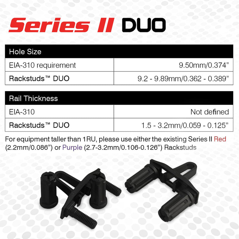 DUO20 1RU Series II Rack Mount Solution - Effortless Alternative to Traditional Rack Screws and Cage Nuts & Server Rack Screws Ideal for Server Hardware Setup - 20-Pack, Universal Version