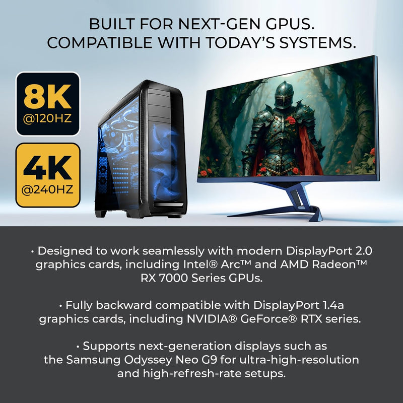 OREI 8K DisplayPort 2.0 AOC Cable 30ft – 54Gbps, 8K@120Hz, 4K@240Hz, VRR | DisplayPort over Fiber with Active Optical technology, EMI-free signal, HDR10+, Dolby Vision & gold-plated connectors