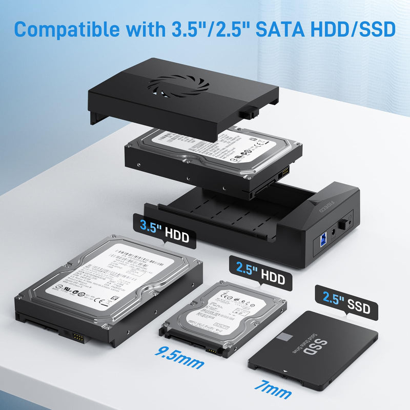 FIDECO Hard Drive Enclosure, USB 3.0 to SATA Hard Drive Docking Station for 3.5 or 2.5 inch SATA HDD SSD with Cooling Fan, 12V Power Adapter Included, Support UASP Dark Black