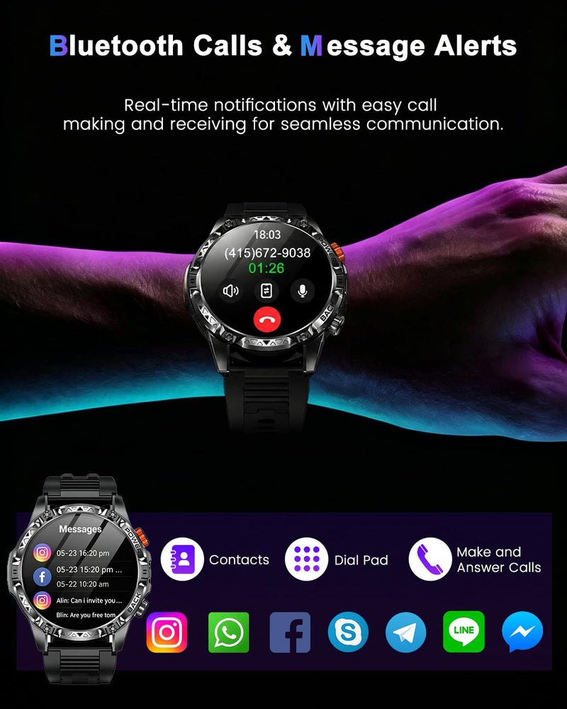Rugged Smart Watch for Men, 1200mAh Battery, 1.7" AMOLED Display, Bluetooth Calling, IP68 Waterproof (Not for Swimming), 100+ Sports Modes, Compass & LED Flashlight for iPhone & Android