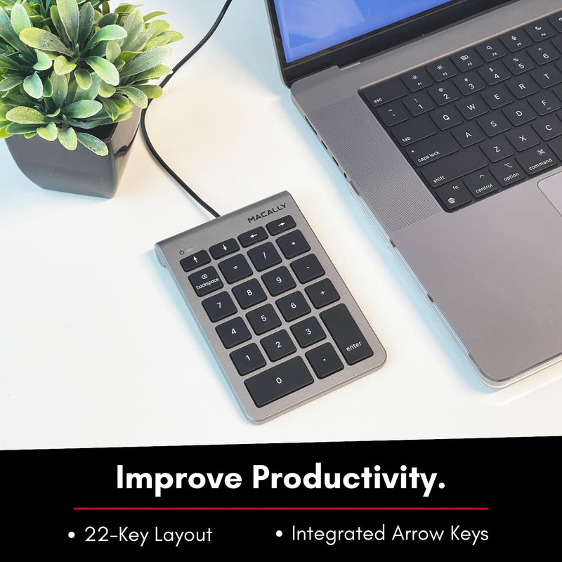 Macally Wired USB C Numeric Keypad for Mac - Work Better - Type C Number Pad for Macbook Pro/Air, iMac, and PC - USB C Wired Number Pad with 5ft Cable and Arrow Keys - 10 Key USB Keypad for Laptop Space Gray