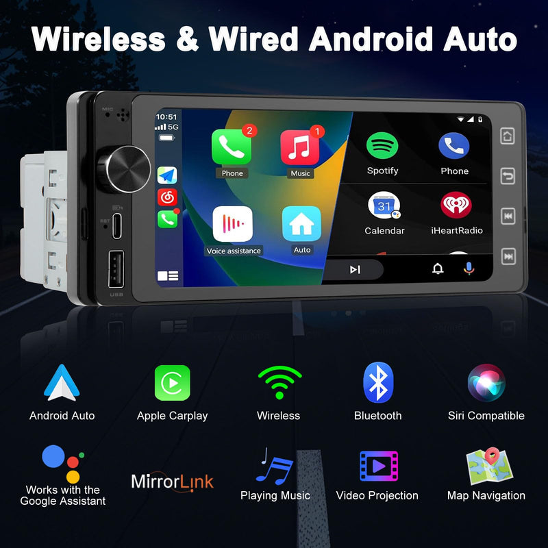 Single Din Touchscreen Radio Wireless/Wired CarPlay & Android Auto, HD IPS Touchscreen Car Stereo Single Din with Bluetooth 5.4, Mirror Link, Volume Knob, FM/SWC/EQ/USB 5.1"