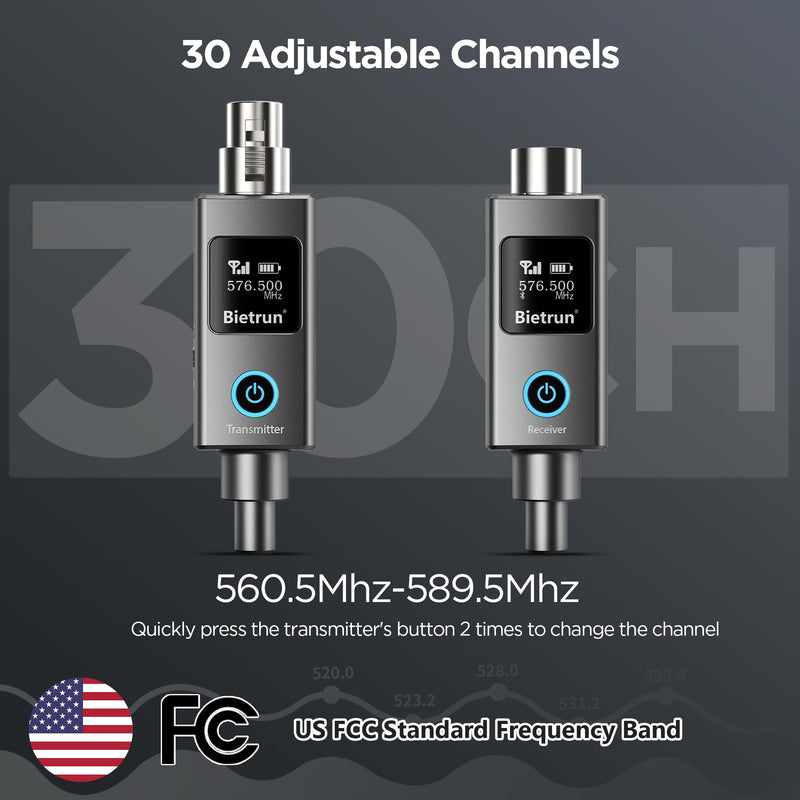 Bietrun Wireless XLR Transmitter Receiver, XLR Wired to Wireless Mic Adapter, UHF 230ft Range, 30 Channels, Receiver with Bluetooth, to 1/4'' Adapter, for Dynamic/Condenser Mics, Audio Interface