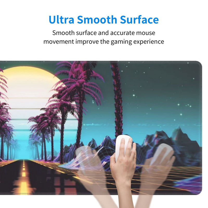 Retrowave Synthwave Large Gaming Mouse Pad XL Desk Mat Long Extended Mousepad Nonslip Rubber Base Stitched Edges Office Desktop Decor Mice Pads 31.5'' X 11.8''