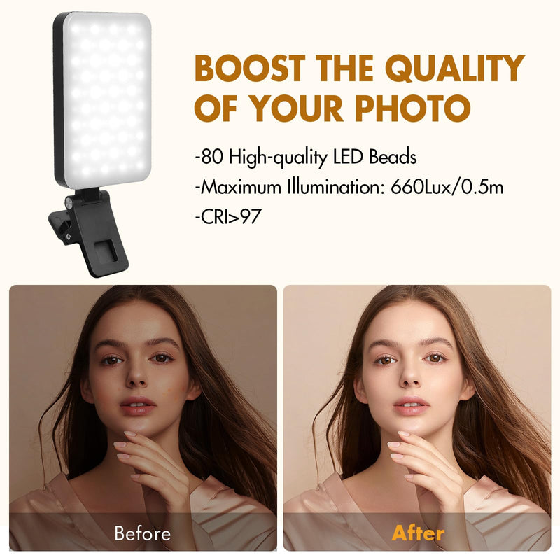 Selfie Light, Long Time Rechargeable Clip Video Light, Upgraded Cell Phone Light, Adjusted 5 Light Modes, Portable LED Light, Selfie Light for Phone, Camera, Laptop, iPad, TikTok, Video Vlog