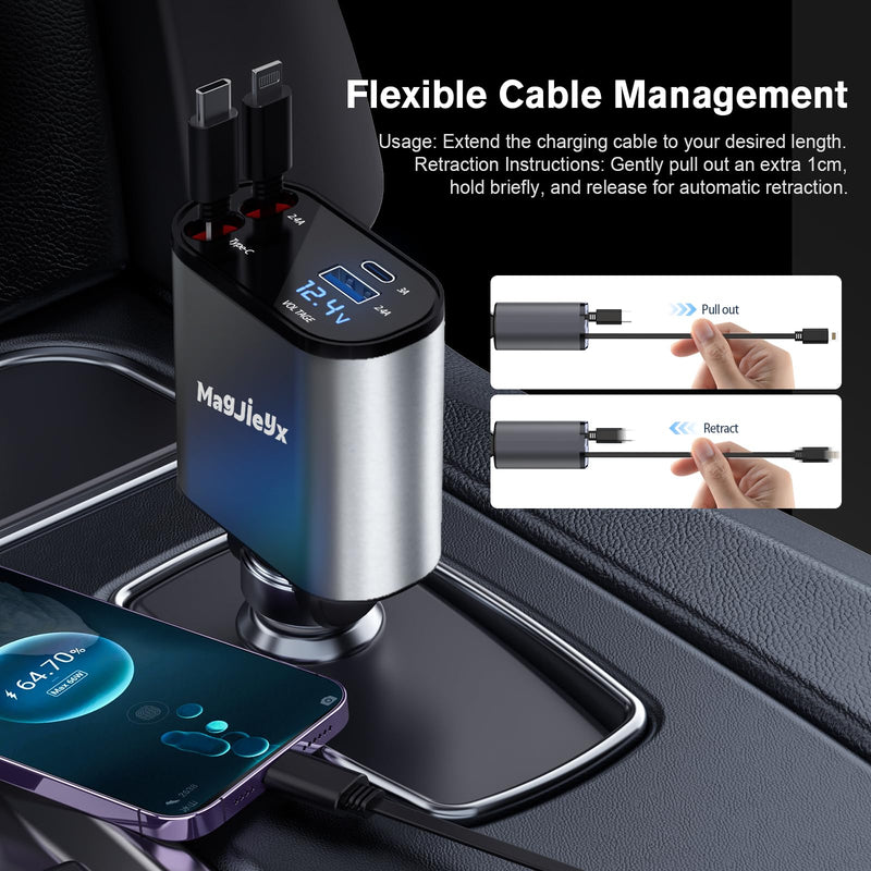 4 in 1 Retractable Car Charger, USB C Fast Charging Adapter[Max100W] with Lightning Cable&Dual Charge Port Compatible with iPhone 15/14/13/12/11 Pro Max Plus/iPad/AirPods,Galaxy,Google