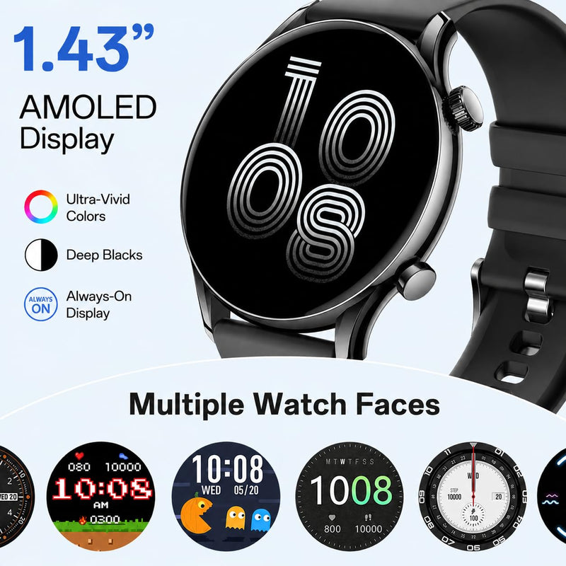 AOLON GTR3 Smart Watch for Men Women, AMOLED Display, Fitness Tracker | Ultra Thin 8.8mm Smartwatch with AMOLED AOD Display, 110+ Sports Modes, Heart Rate Sleep Monitor, IP68 Waterproof Black