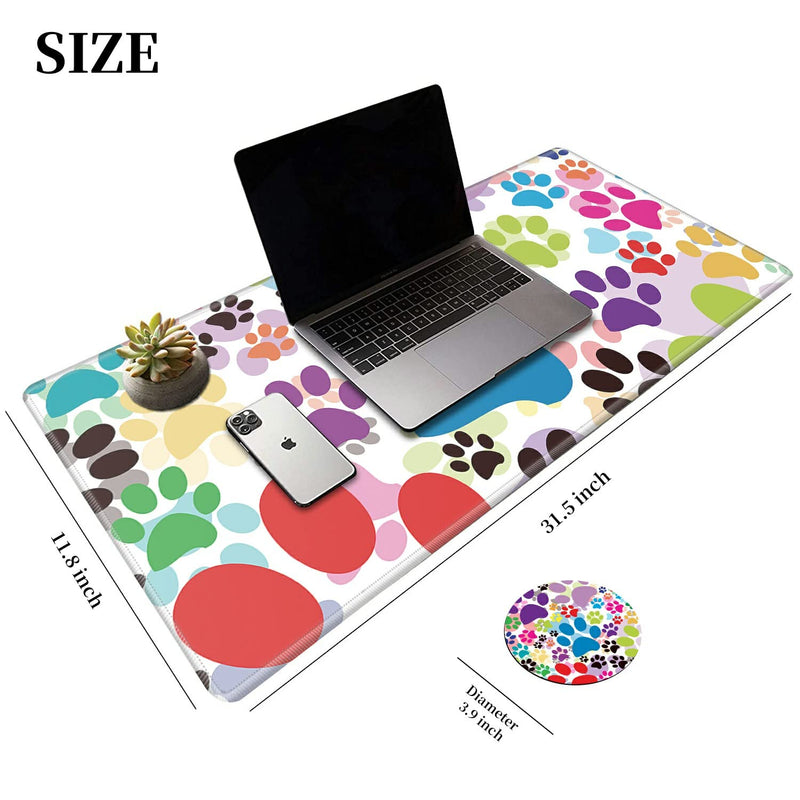 Desk Pad, Dog Pawprint Multicolor Laptop Desk Mat,Long Large Gaming Mouse Pad with Stitched Edges Non-Slip Writing Mat Desk Blotter Protector for Office Home (with Coaster & Elephant Sticker)