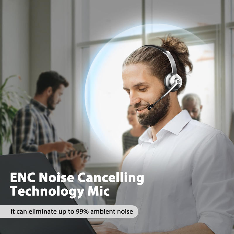 Bluetooth Headset, Wireless Headset with Microphone Noise Canceling & USB Dongle, Headset for Work with Charging Base, Headphones with Mute Button for Phones/Call Center/Office/Trucker
