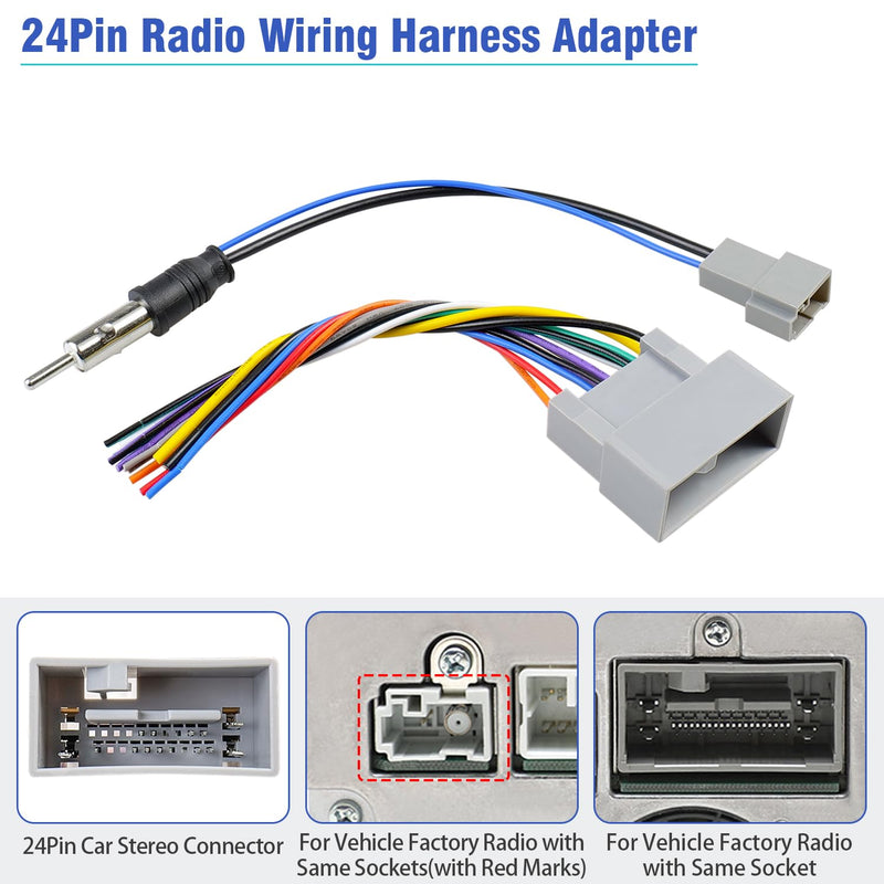 Jayubein 24Pin Radio Wiring Harness Kit Compatible with 12-15 Honda Accord CRV Civic Pilot Fit Odyssey CRZ Ridgeline Insight Car Stereo Connector Antenna Adapter 24P Harness+Antenna for Honda/Acura 12-15