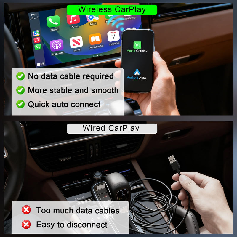 2in1 CarPlay Adapter for iPhone Android, USB Cable Low Delay iOS10+ | 2-in-1 for iPhone and Android, Ultra Low Delay, Built-in USB Cable, Auto Reconnect