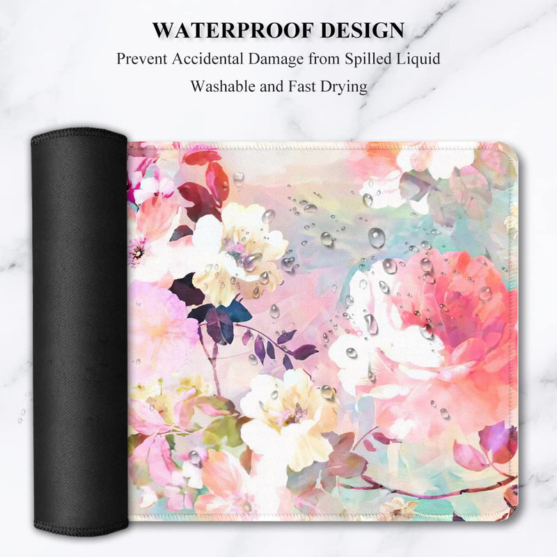 Auhoahsil Desk Pad, XXL Large Mouse Extended Gaming Mousepad, Cute Mat for Women, Big Office Accessories Pad Computer Keyboard and Laptop, 35.5 x 15.7 Inch, Pretty Pink Flowers, Girly Flowers Girly Pink Flowers